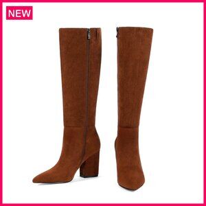 Knee High Boots Chunky Heel 3.2 Inch Faux Suede Pointed Toe Side Zipper